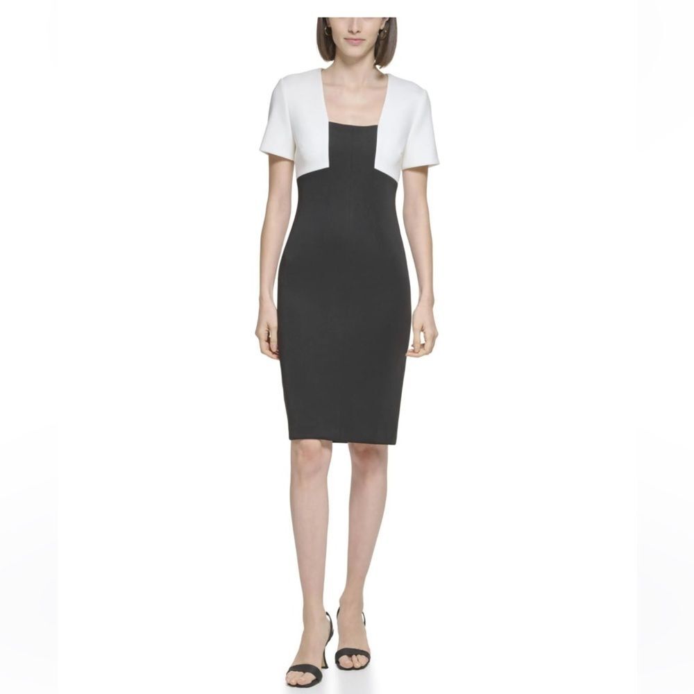 Calvin Klein Black and White Color-Block Scuba Sheath with Square Neckline 4 NWT